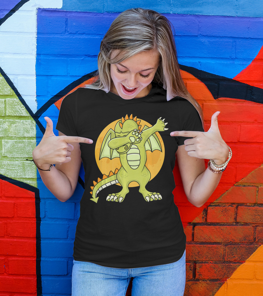 Halloween Dabbing Dragon With Orange Moon Background T-Shirt