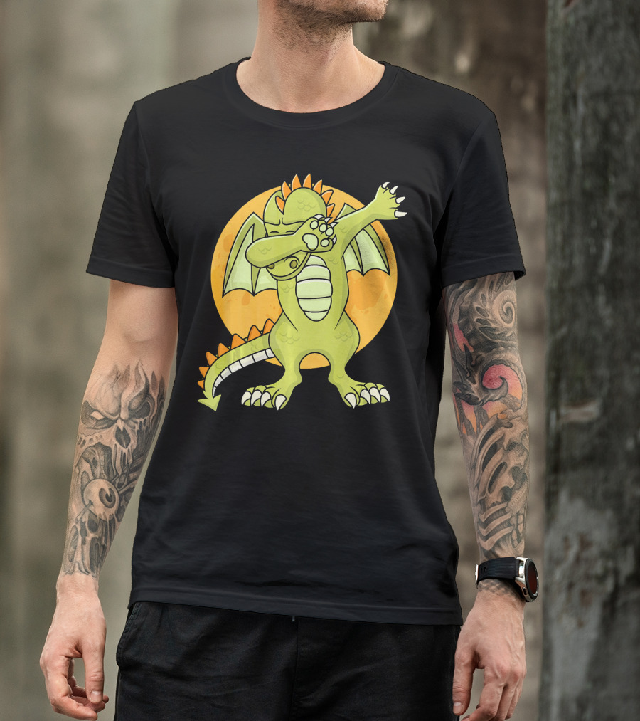 Halloween Dabbing Dragon With Orange Moon Background T-Shirt