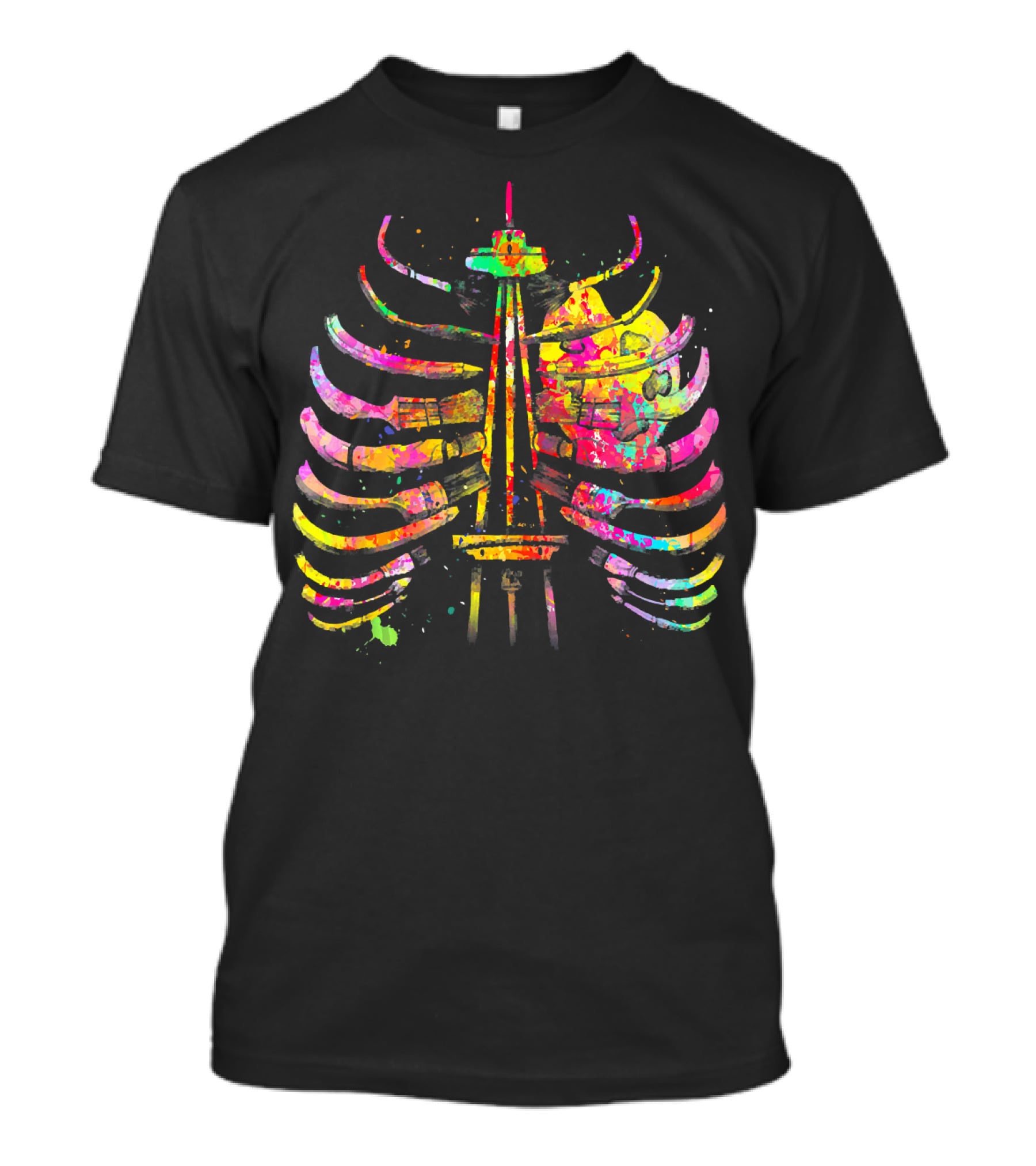 Colorful Seattle Space Needle Skeleton Ribcage Halloween T-Shirt