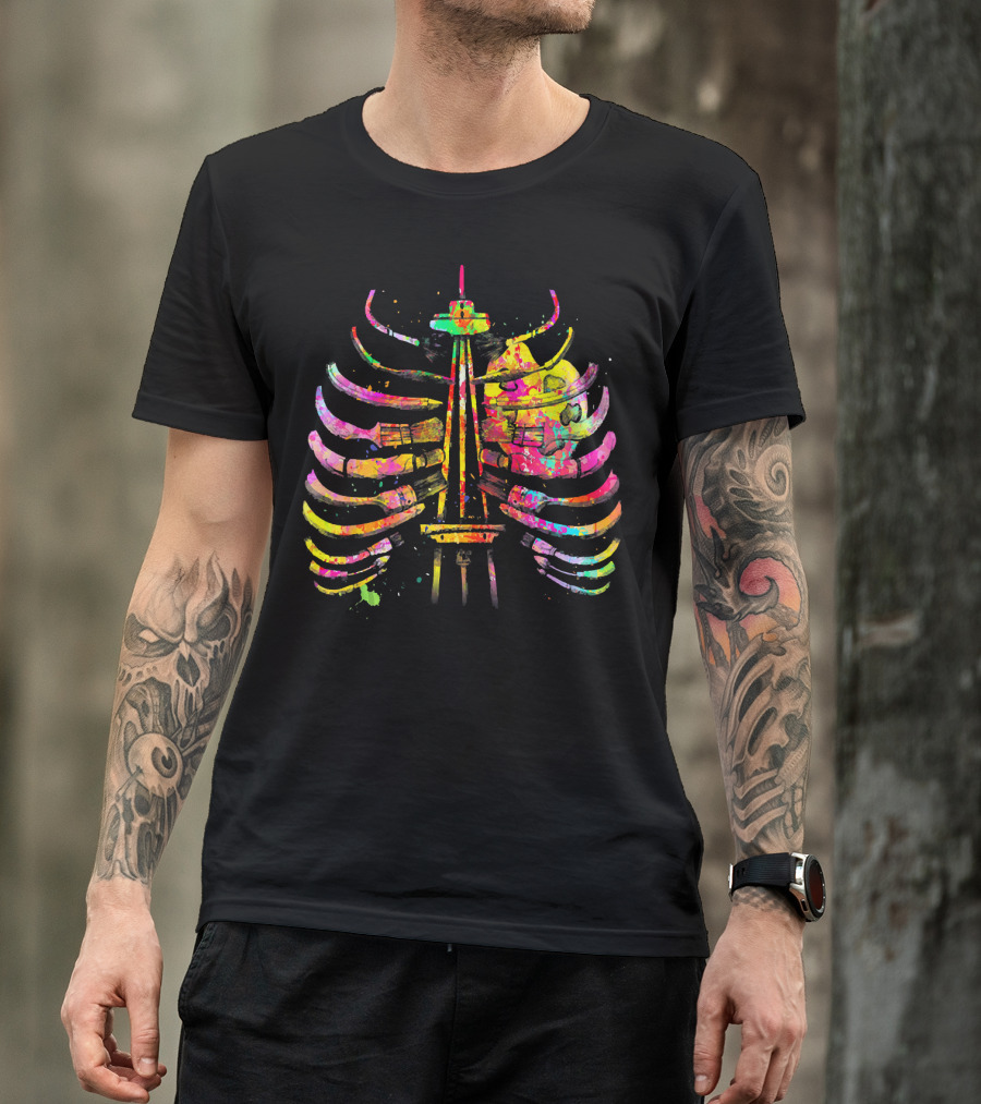 Colorful Seattle Space Needle Skeleton Ribcage Halloween T-Shirt