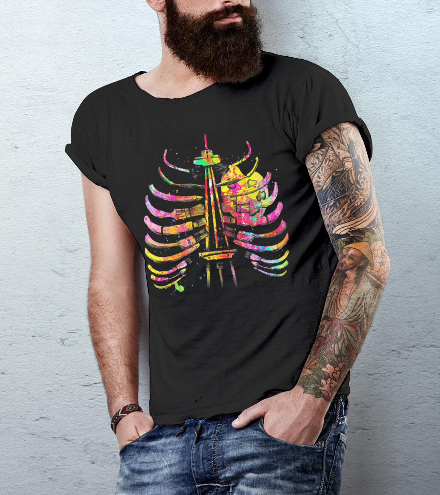 Colorful Seattle Space Needle Skeleton Ribcage Halloween T-Shirt