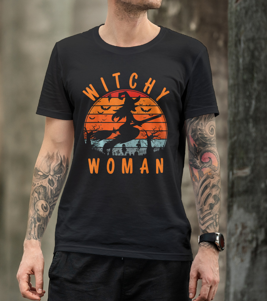 Witchy Woman Flying On Broomstick With Spooky Halloween Sunset Background T-Shirt