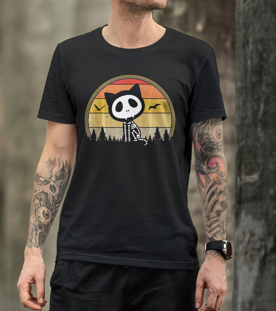 Cat Skeleton Spooky Vampire Halloween Vintage Sunset Forest Bats T-Shirt