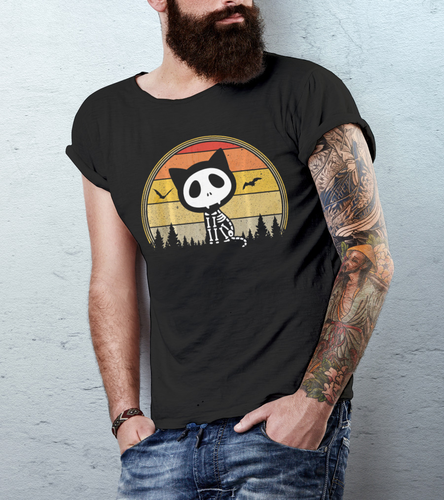 Cat Skeleton Spooky Vampire Halloween Vintage Sunset Forest Bats T-Shirt