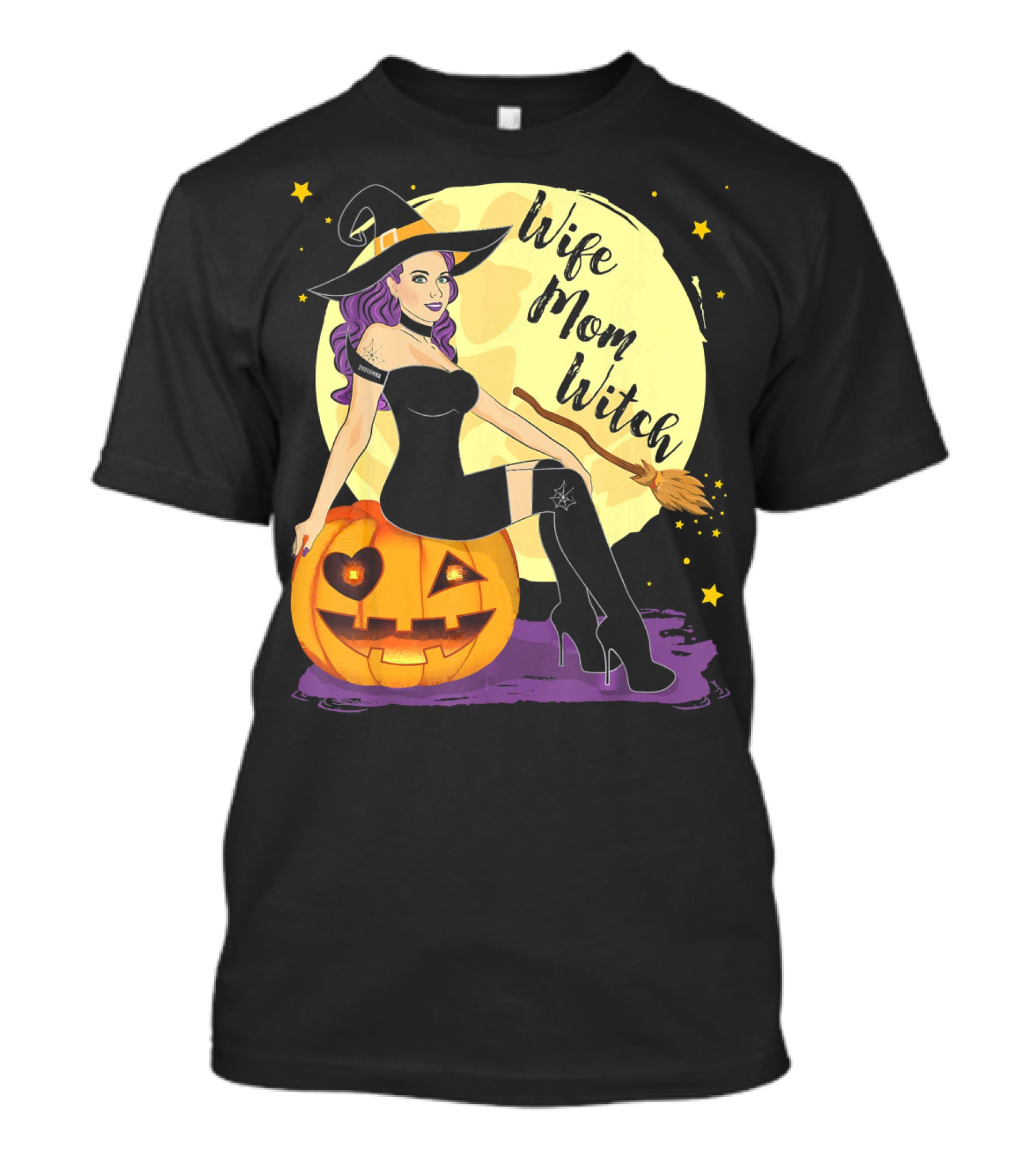 Wife Mom Witch Halloween Women Bro Pumpkin Moon Broomstick T-Shirt