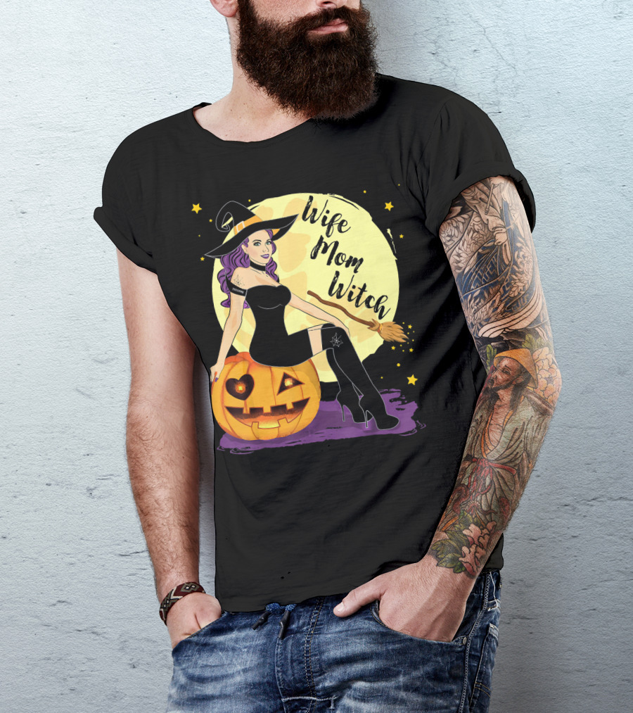 Wife Mom Witch Halloween Women Bro Pumpkin Moon Broomstick T-Shirt