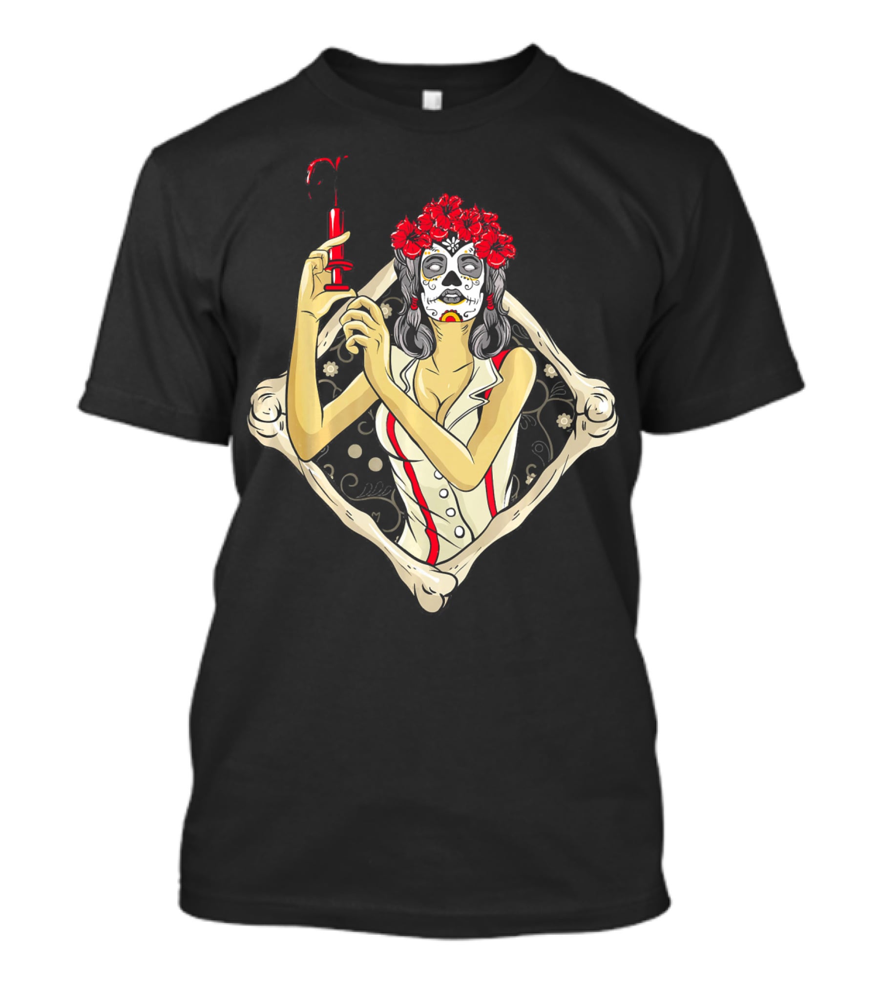 Halloween Nurse Day Of The Dead Dia De Los Muertos Skeleton Syringe Flower Crown T-Shirt