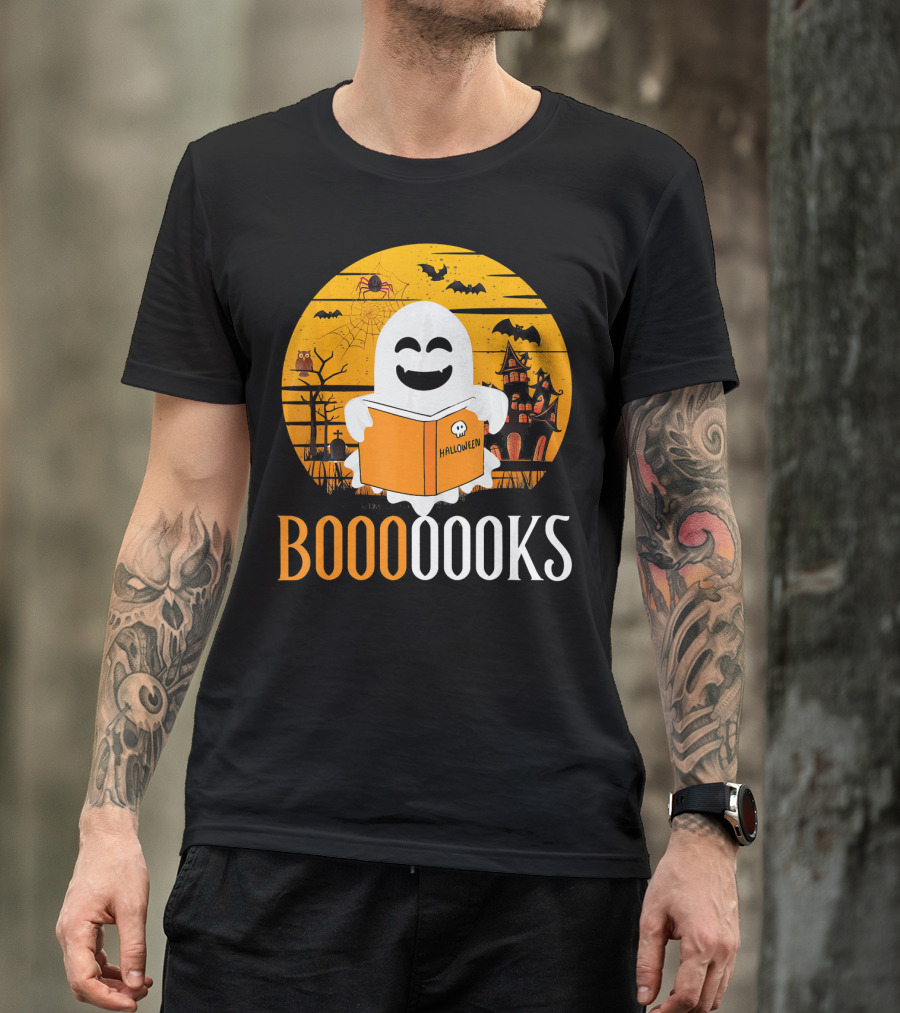 Booooooks Boo Read Books Funny Nerd Halloween Ghost Reading T-Shirt