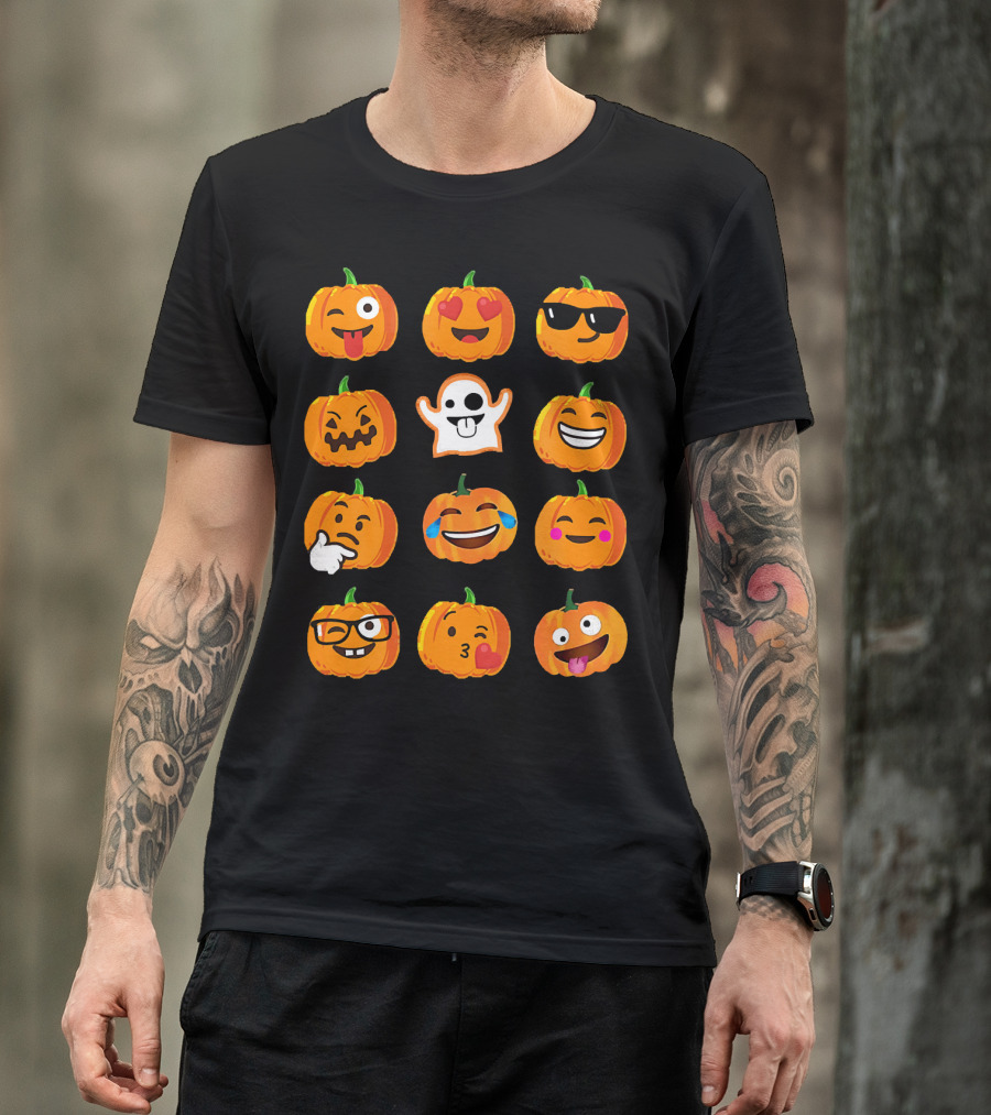 Emoji Faces Pumpkins And Ghost Halloween T-Shirt