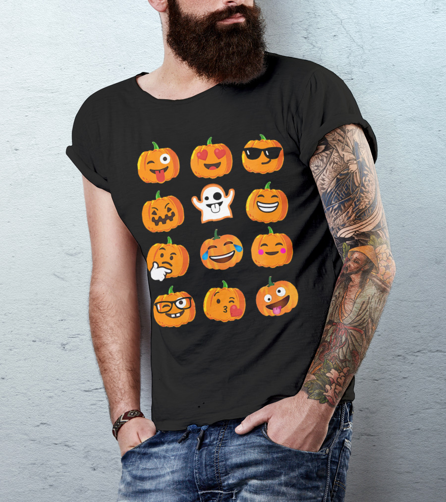 Emoji Faces Pumpkins And Ghost Halloween T-Shirt