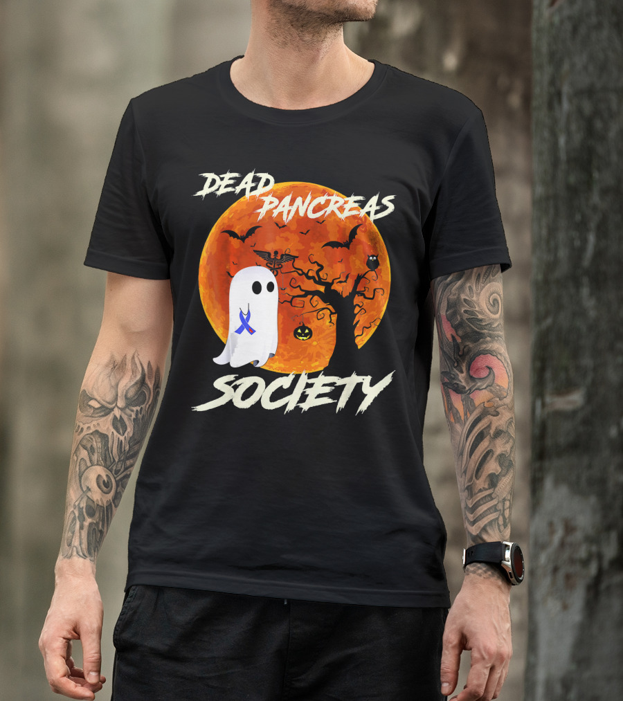Dead Pancreas Society Ghost Halloween Moon Bats Pumpkin T-Shirt