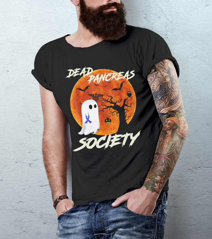 Dead Pancreas Society Ghost Halloween Moon Bats Pumpkin T-Shirt