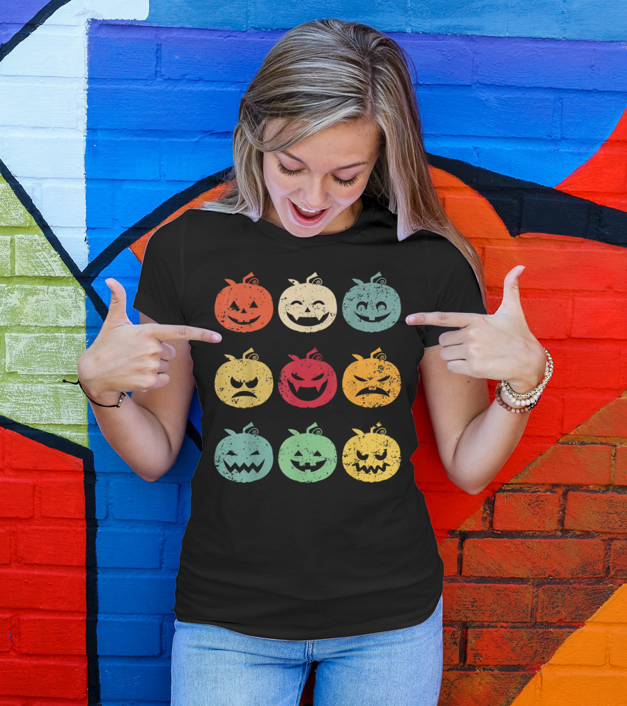 Vintage Pumpkin Emoji Halloween Faces In Nine Colorful Expressions T-Shirt