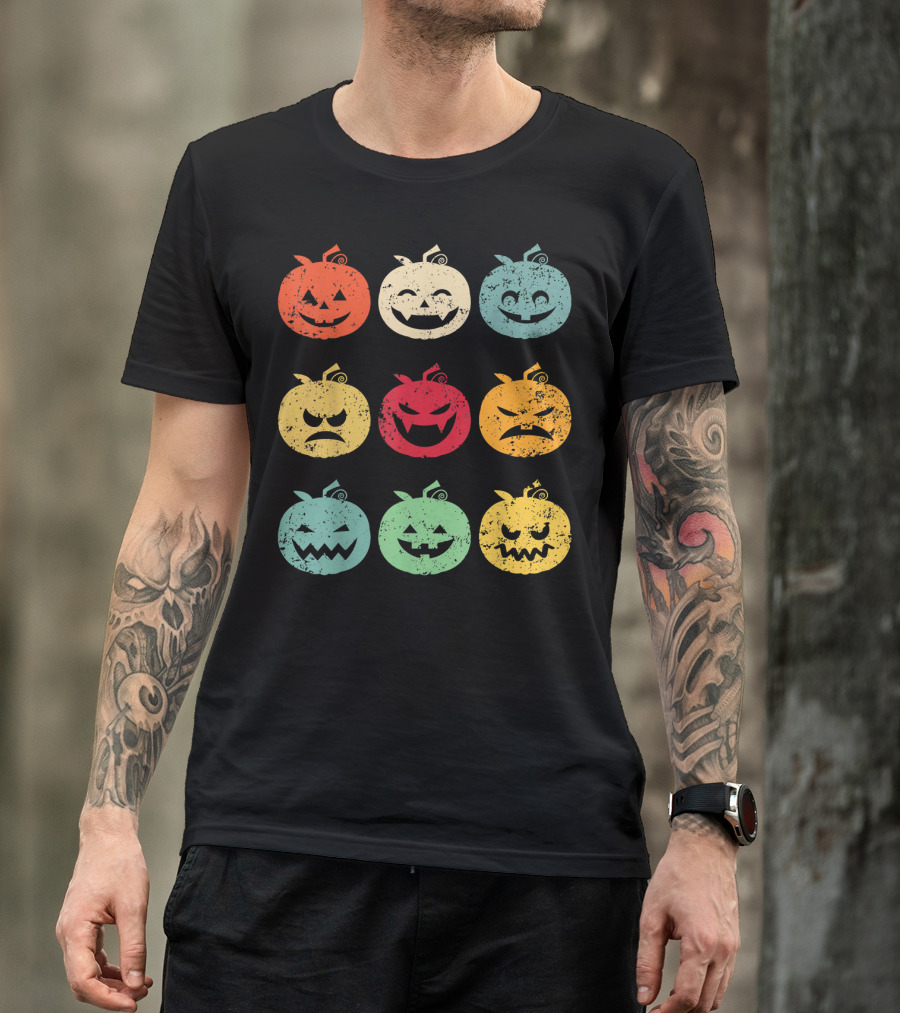 Vintage Pumpkin Emoji Halloween Faces In Nine Colorful Expressions T-Shirt