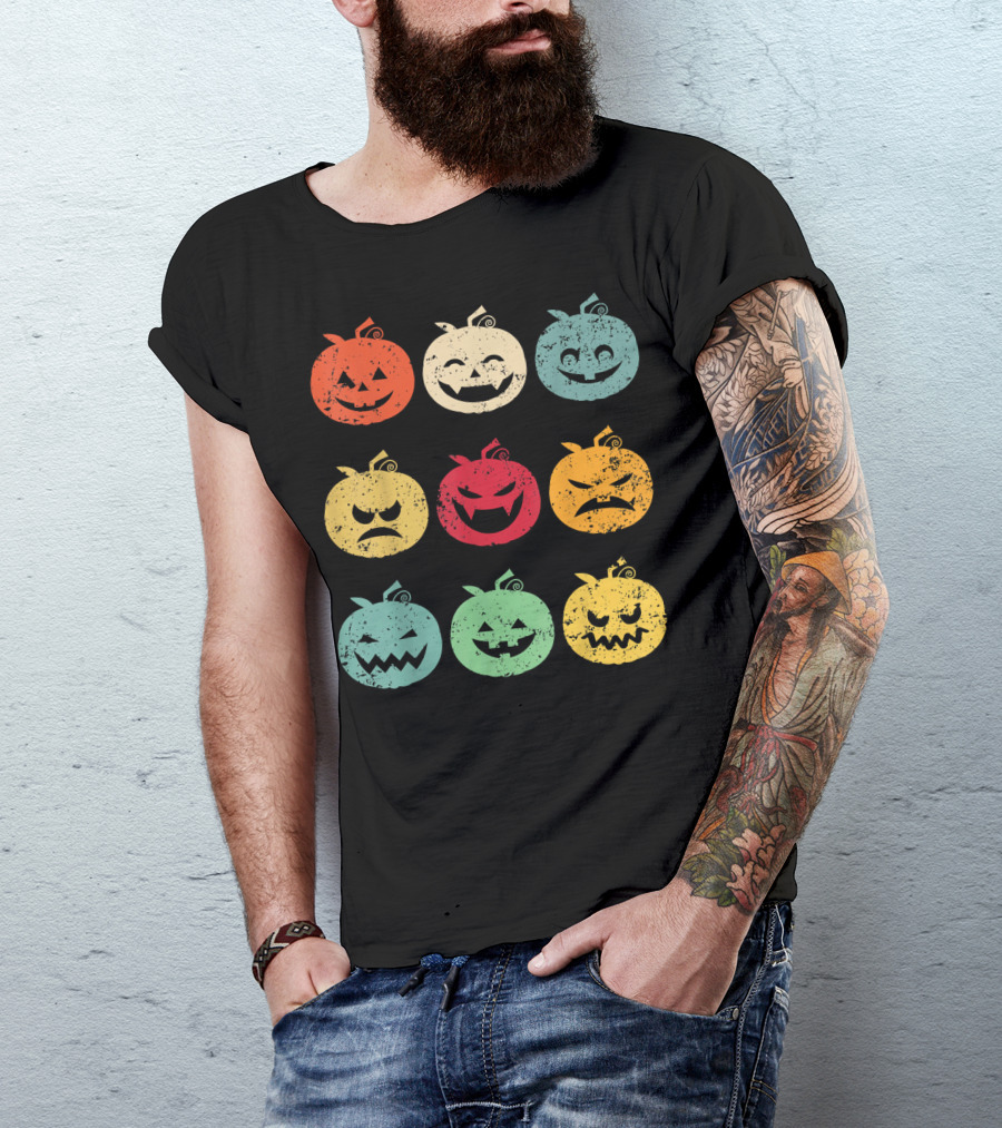 Vintage Pumpkin Emoji Halloween Faces In Nine Colorful Expressions T-Shirt