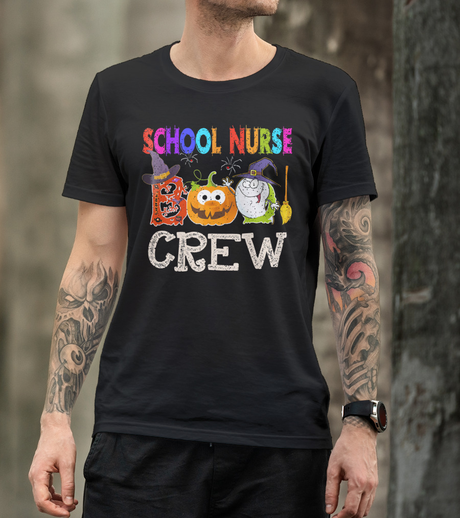 School Nurse Boo Crew Halloween Pumpkin Ghost Witches Hat Broom T-Shirt