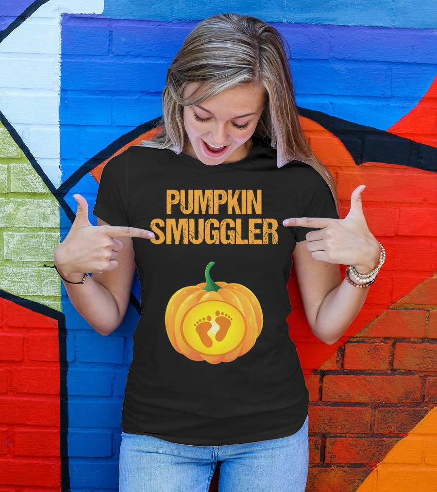 Pumpkin Smuggler Pregnancy Announcement With Baby Footprints T-Shirt