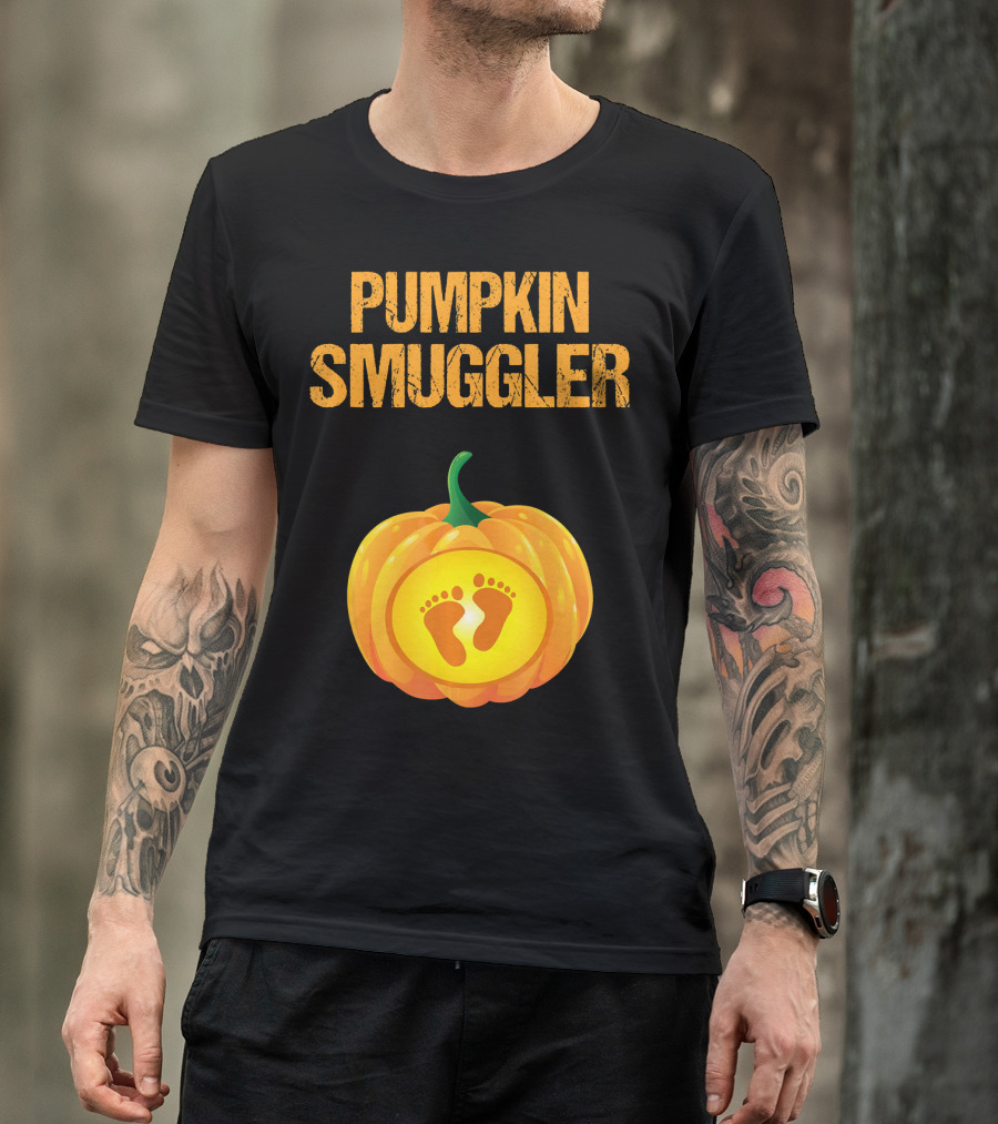Pumpkin Smuggler Pregnancy Announcement With Baby Footprints T-Shirt