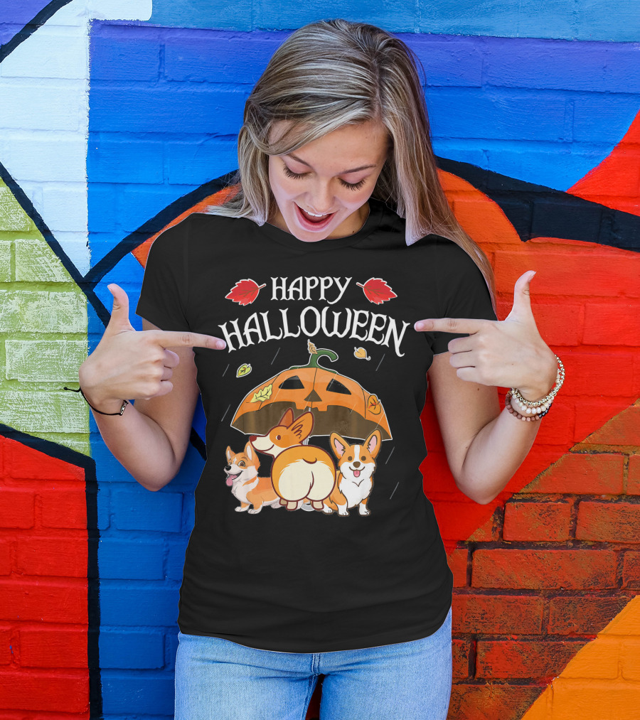 Happy Halloween Welsh Corgis Pumpkin Umbrella Rain T-Shirt