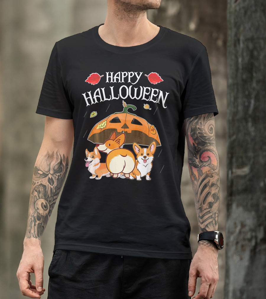 Happy Halloween Welsh Corgis Pumpkin Umbrella Rain T-Shirt