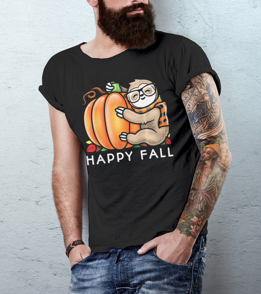 Happy Fall Cute Sloth Glasses Scarf Pumpkin Hug T-Shirt