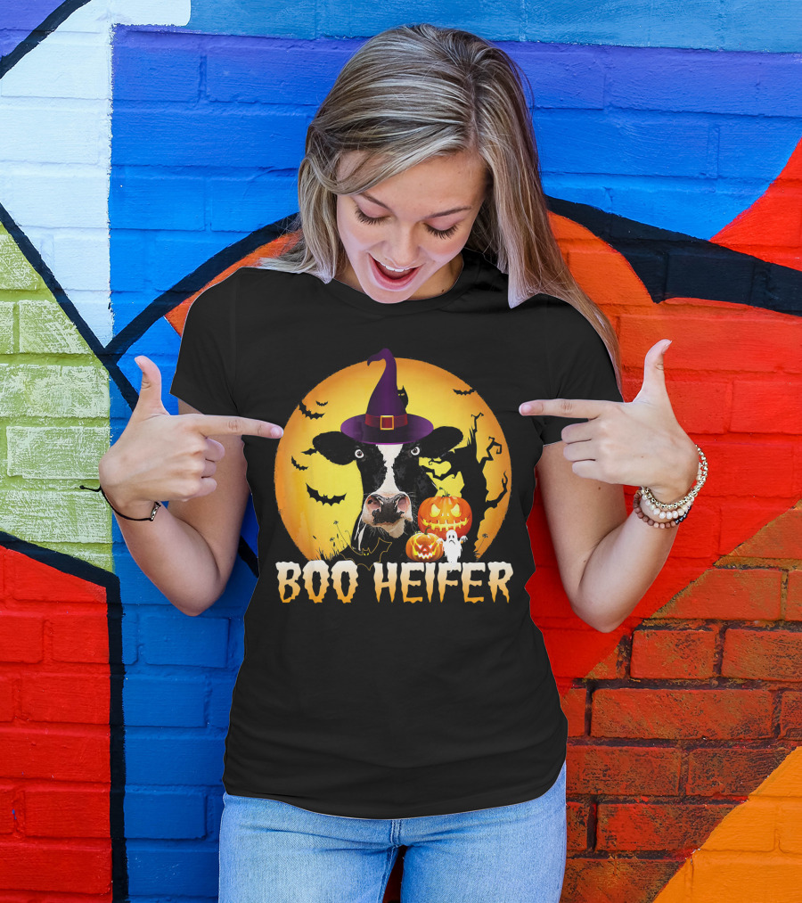 Boo Heifer Witch Hat Cow Halloween Moon Pumpkins Ghost T-Shirt