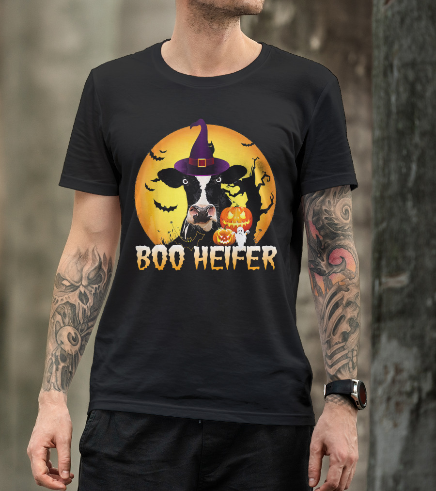 Boo Heifer Witch Hat Cow Halloween Moon Pumpkins Ghost T-Shirt