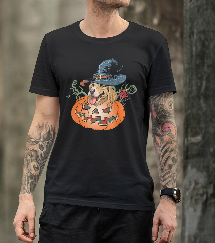 Halloween Golden Retriever Dog Lover Pumpkin Wizard Hat And Spider T-Shirt