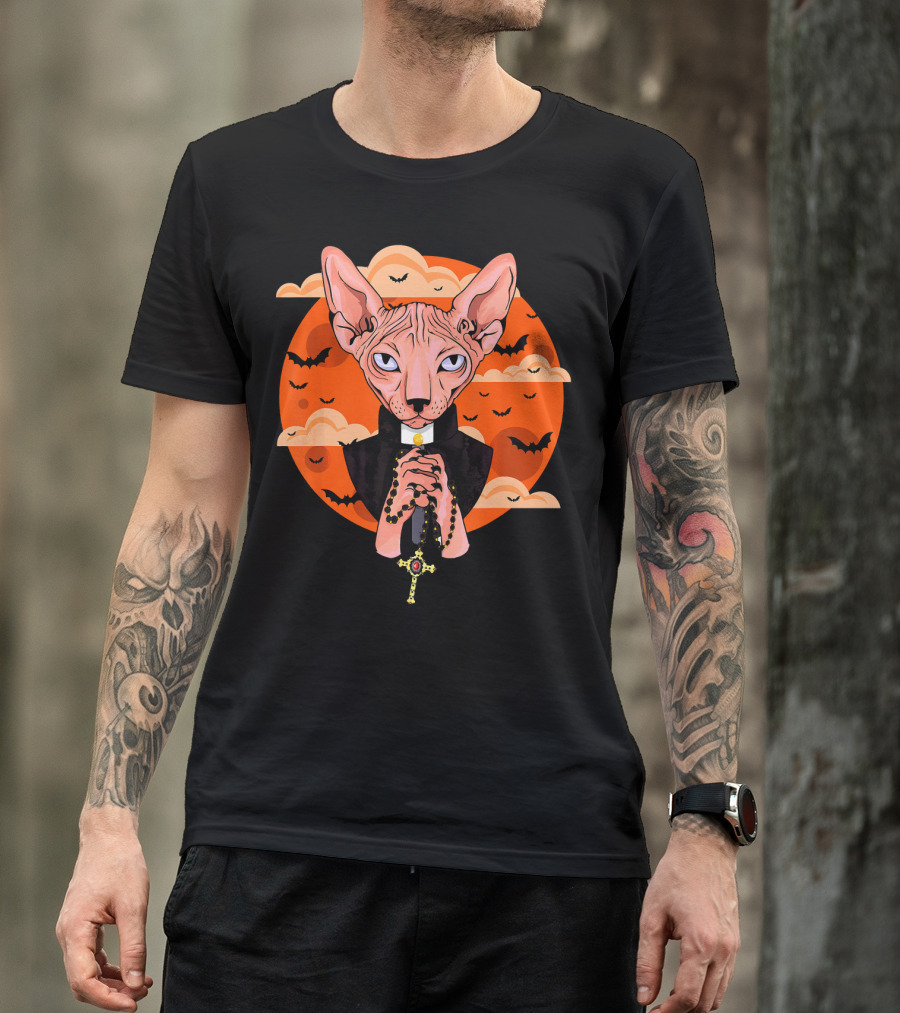 Funny Sphynx Priest With Rosary And Bats Hall T-Shirt