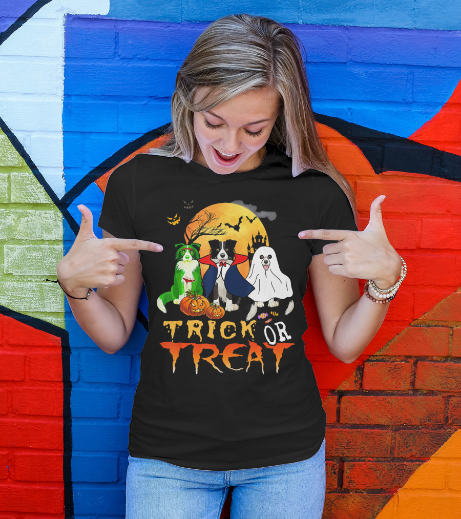 Trick Or Treat Halloween Border Collie Costumes Pumpkins Haunted Moon T-Shirt