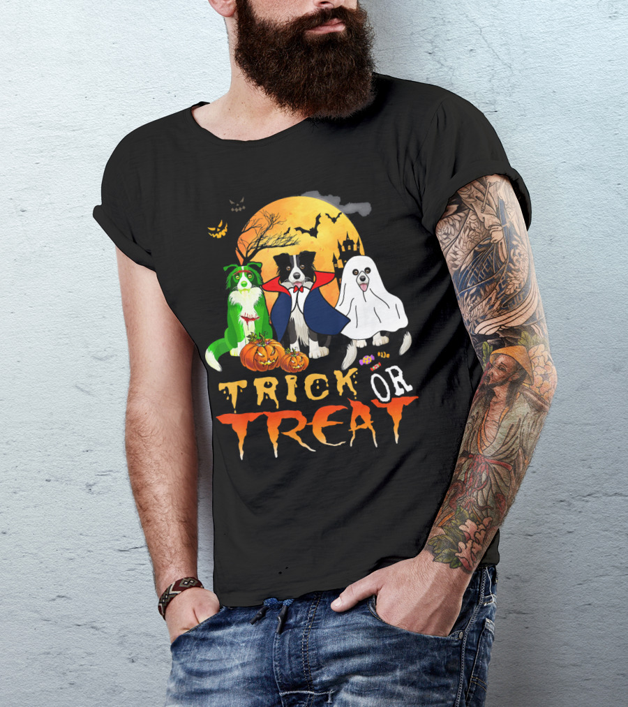 Trick Or Treat Halloween Border Collie Costumes Pumpkins Haunted Moon T-Shirt