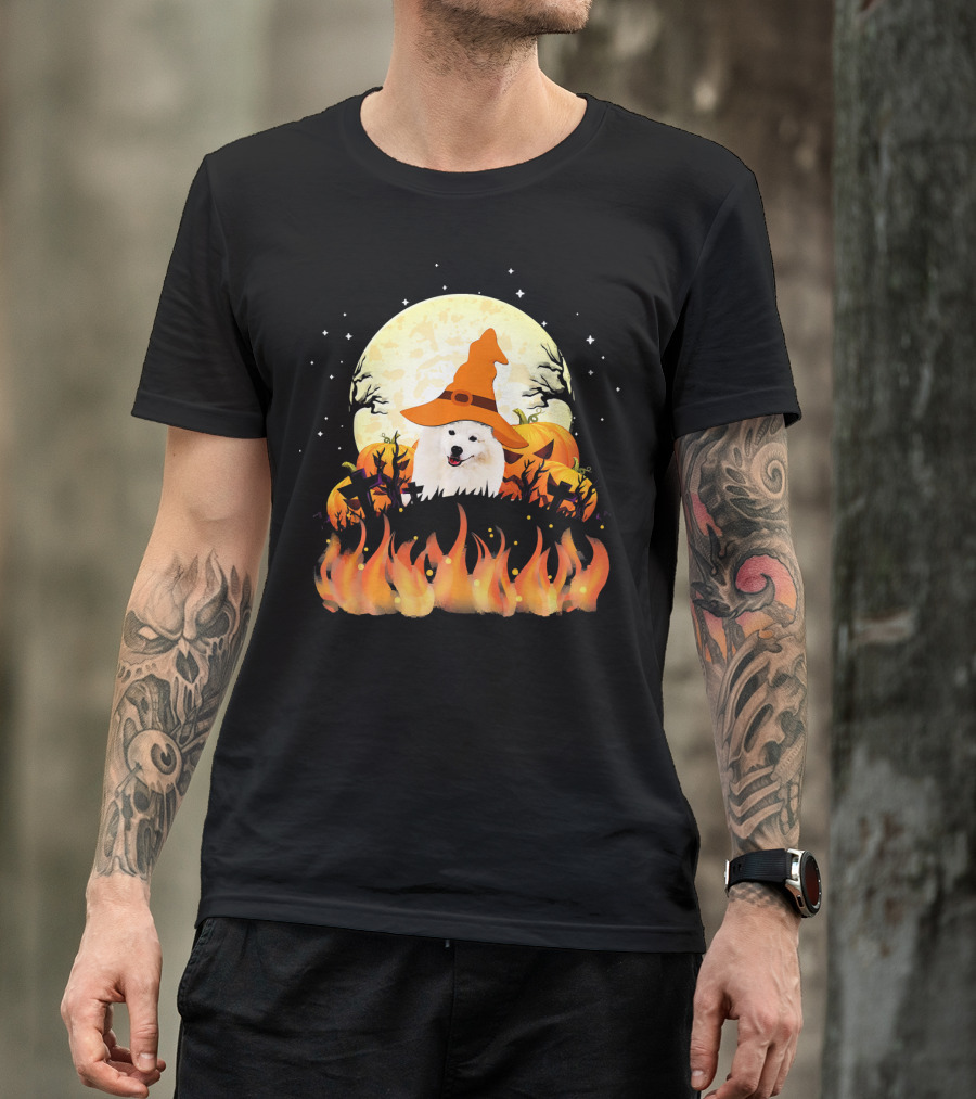 American Eskimo Dog Halloween Witch Moon Pumpkins Flames T-Shirt