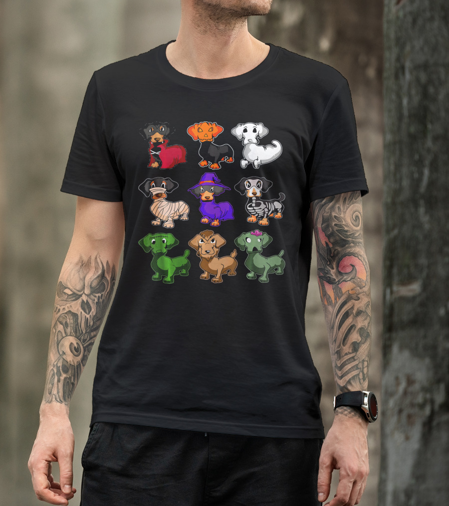 Dachshund Halloween Costumes Dracula Pumpkin Ghost Mummy Witch Skeleton Zombie Frankenstein T-Shirt