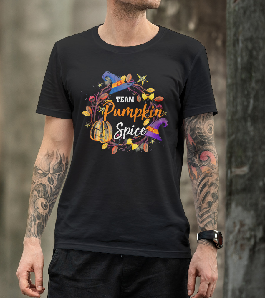 Team Pumpkin Spice Wreath With Witch Hats And Autumn Elements T-Shirt