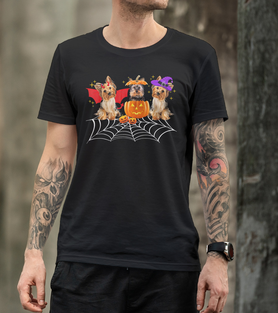 Halloween Yorkshire Terriers Pumpkin Bat Witch Spider Web T-Shirt