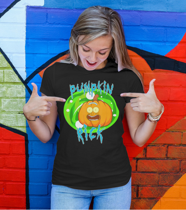 Pumpkin Rick Halloween Parody With Green Portal And Cartoon Face T-Shirt