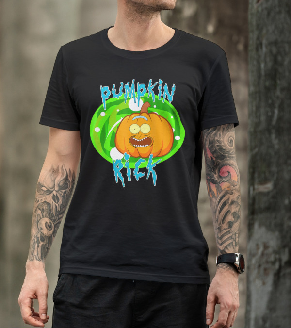 Pumpkin Rick Halloween Parody With Green Portal And Cartoon Face T-Shirt