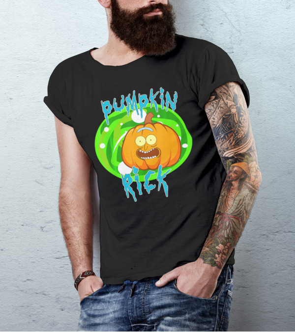 Pumpkin Rick Halloween Parody With Green Portal And Cartoon Face T-Shirt