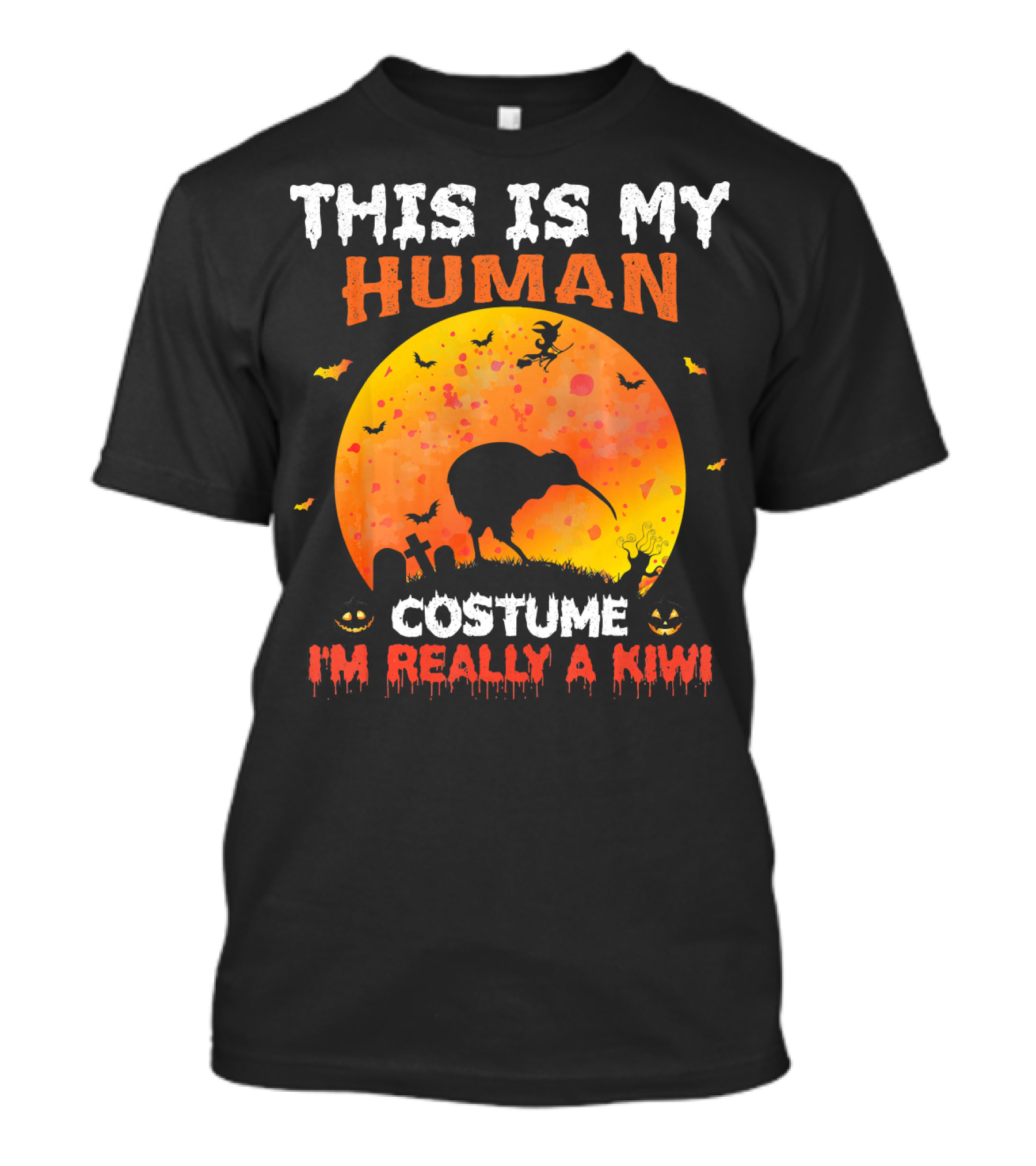 THIS IS MY HUMAN COSTUME I'M REALLY A KIWI Halloween Theme With Witch And Bats T-Shirt
