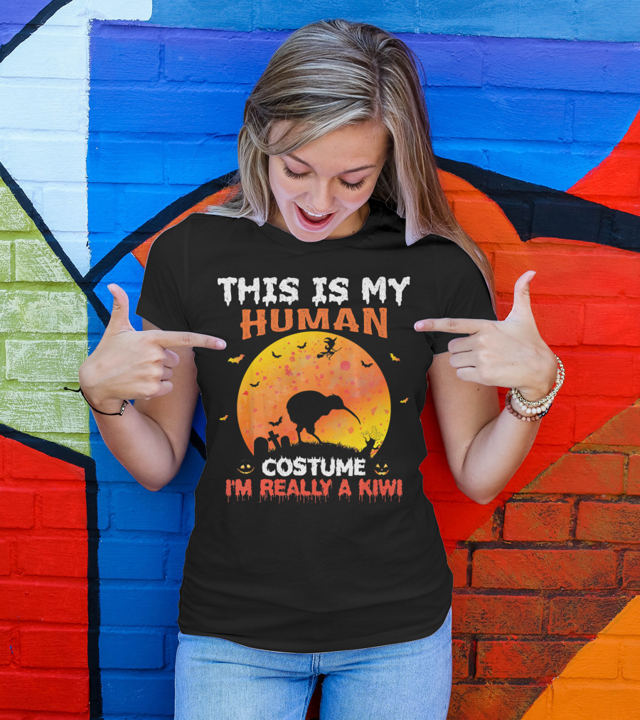 THIS IS MY HUMAN COSTUME I'M REALLY A KIWI Halloween Theme With Witch And Bats T-Shirt