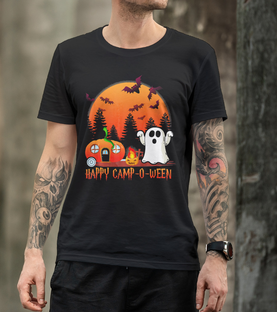 Happy Camp O Ween Funny Pumpkin Boo Ghost Moon With Bat Silhouette In Spooky Forest T-Shirt