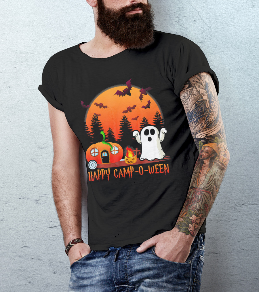 Happy Camp O Ween Funny Pumpkin Boo Ghost Moon With Bat Silhouette In Spooky Forest T-Shirt
