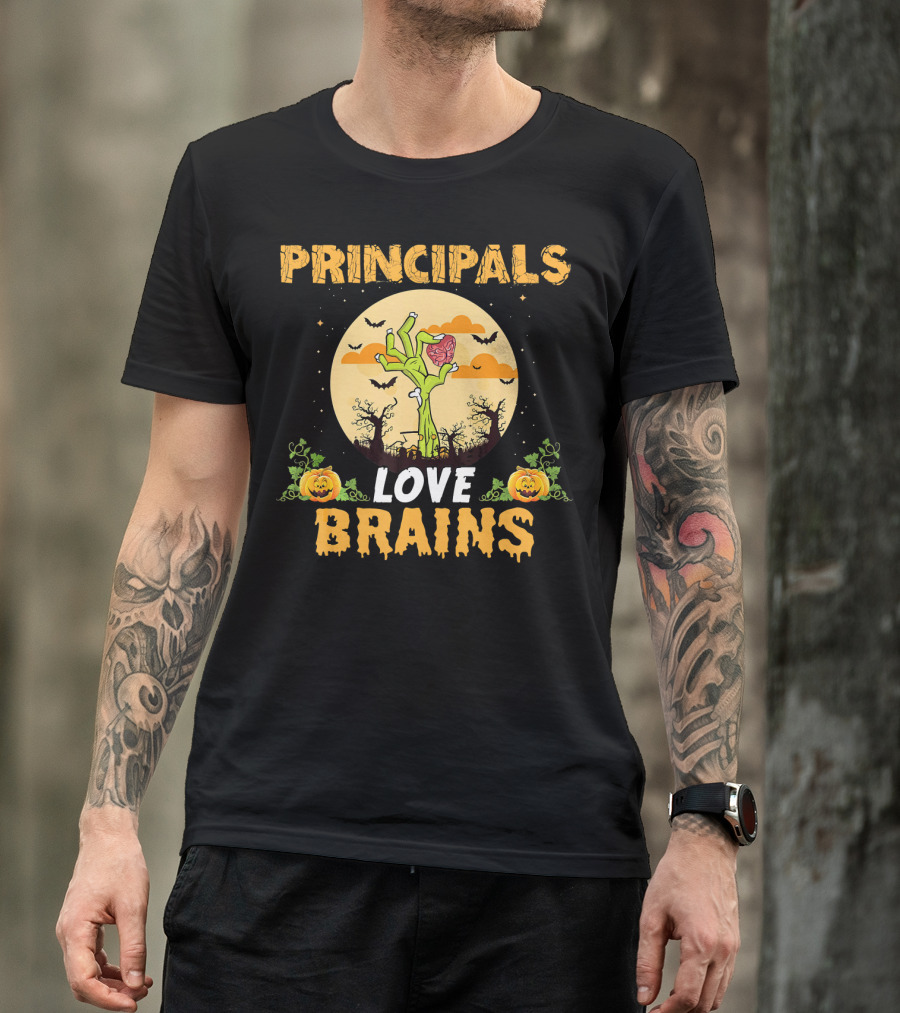 Principals Love Brains Zombies Halloween Moon Bats Pumpkins T-Shirt