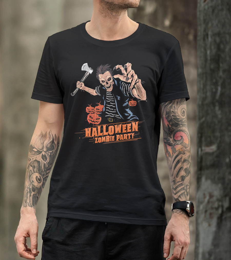 Halloween Zombie Party Scary Zom Axe-Wielding Zombie And Pumpkins T-Shirt