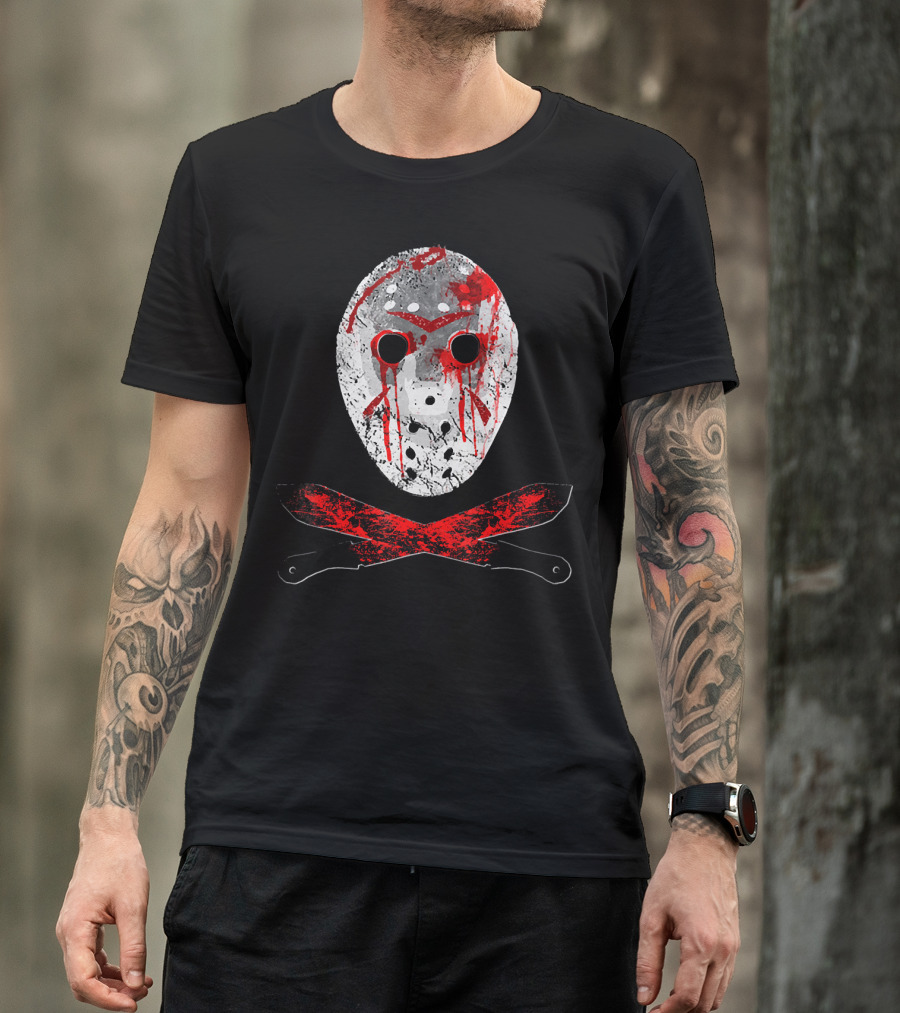 Friday The 13th Jason Mask Bloody Machete Crossed Horror T-Shirt
