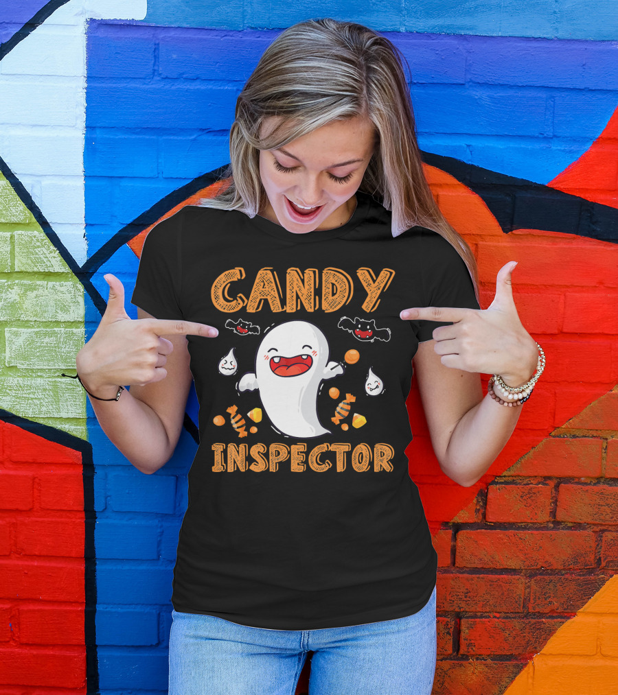 Candy Inspector Ghost Halloween Co Spooky Fun With Bats And Sweets T-Shirt