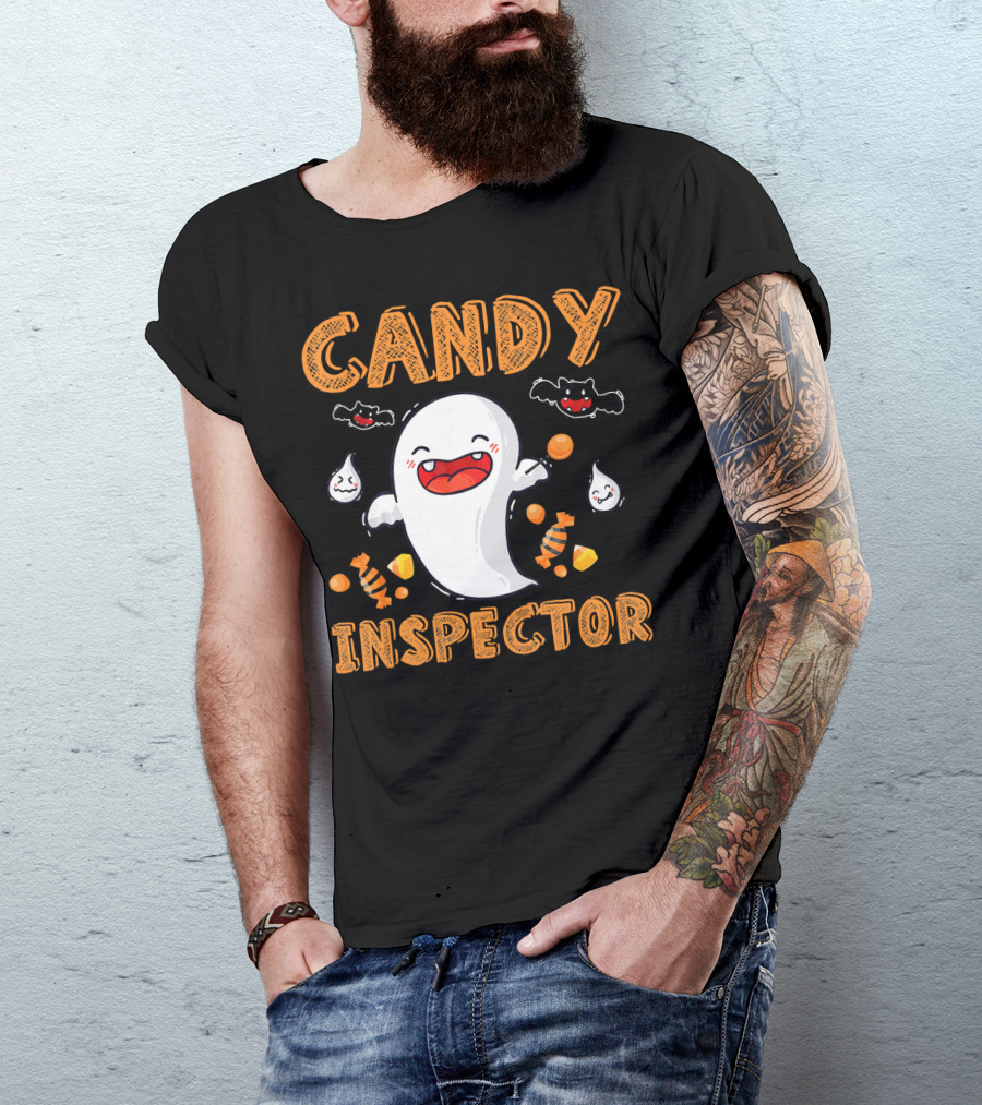 Candy Inspector Ghost Halloween Co Spooky Fun With Bats And Sweets T-Shirt
