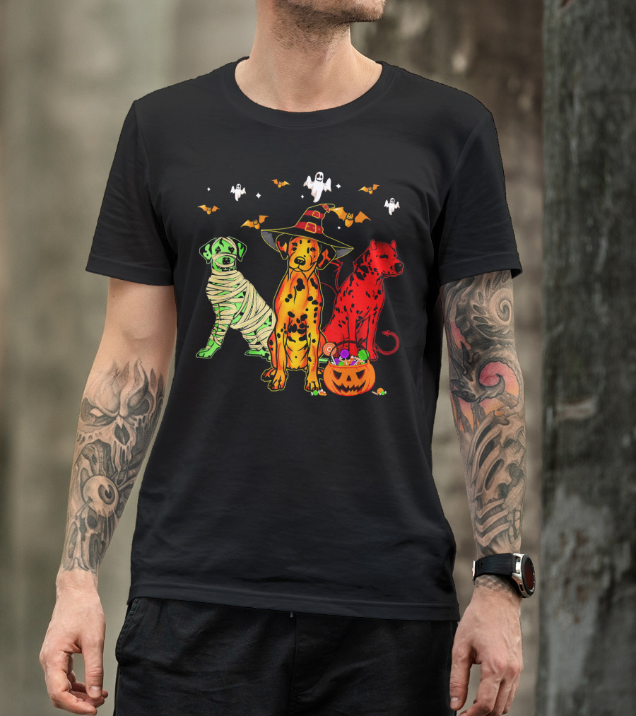 Funny Dalmatian Halloween Witch Mummy Devil Costume Party With Ghosts And Bats T-Shirt