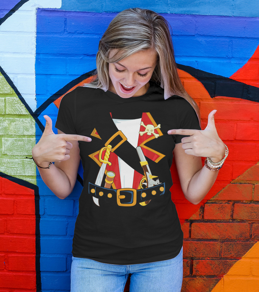 Pirate Costume Skull Crossbones Sword Pistol Belt T-Shirt