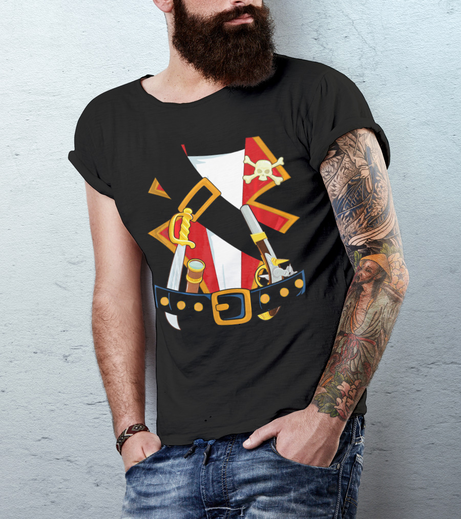 Pirate Costume Skull Crossbones Sword Pistol Belt T-Shirt